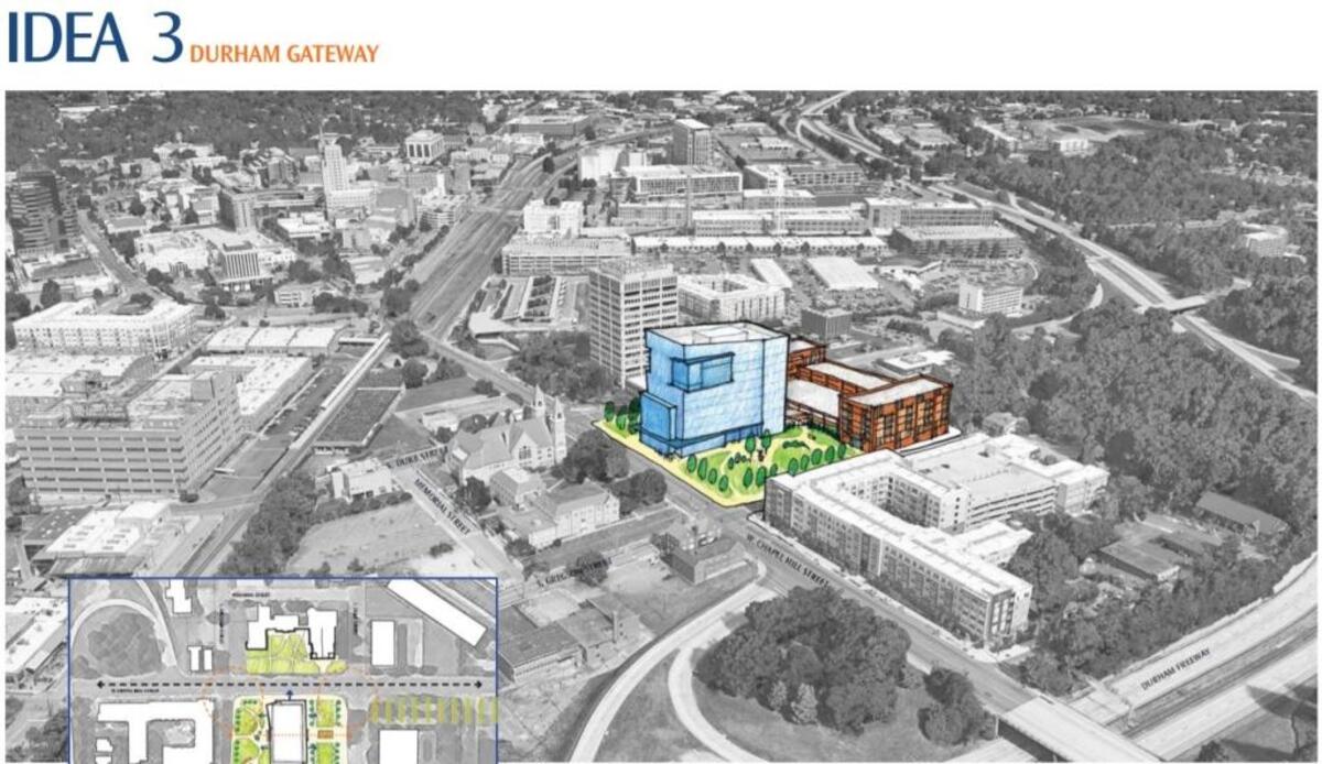 One of four designs created by Duda Paine Architects showing how the West Chapel Hill Street Durham Police Department Headquarters can be redeveloped. This idea would tear down the headquarters building.