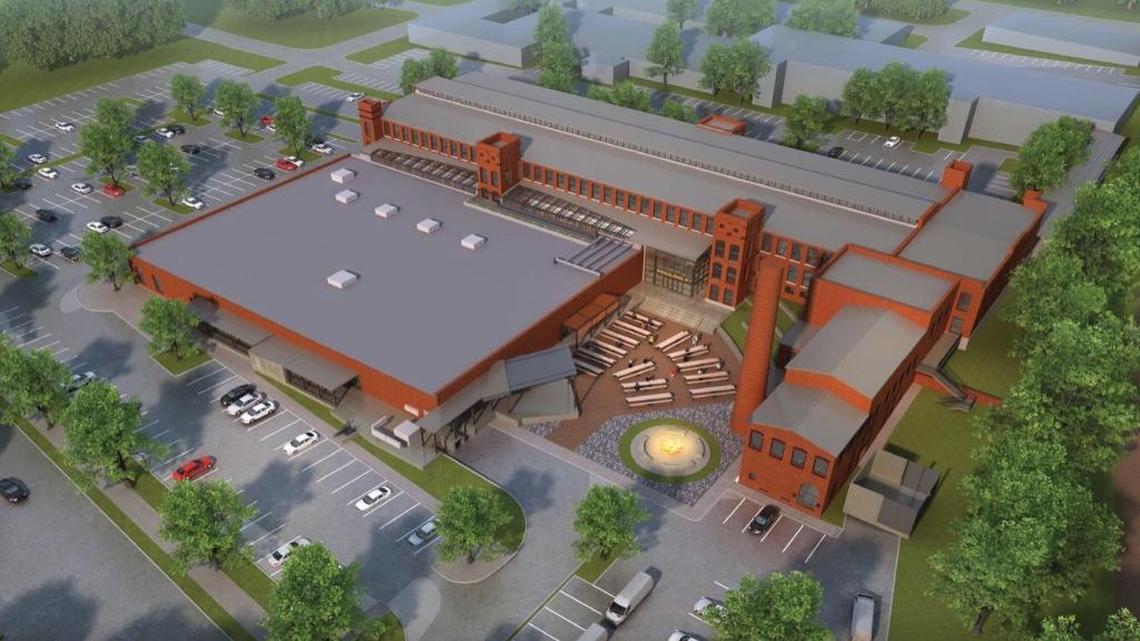 A rendering of the Cordoba building on 800 Taylor Street, which LRC Properties intends to redevelop into an office building with an attached music venue as part of its ownership of the Golden Belt campus. The Cordoba building is pictured here with the rest of the Golden Belt campus to the north of the rendering.