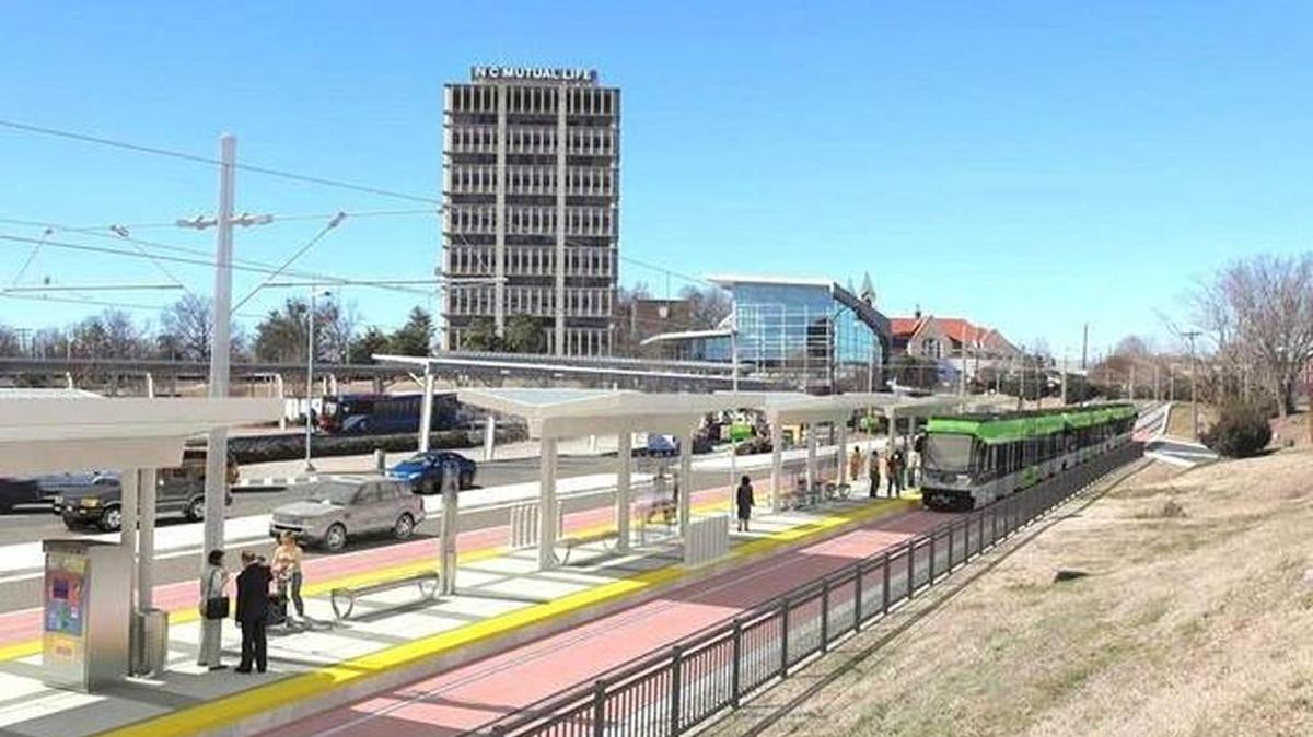 The N.C. Mutual Life Insurance building is one of the most prominent office towers in downtown Durham. Here it is pictured near the proposed Durham-Orange Light Rail Transit project stop in downtown.
