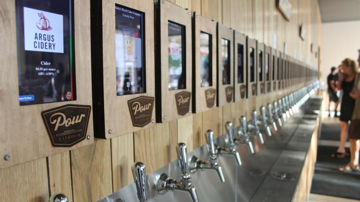The Pour Taproom in Durham has a wall of 64 self-pour taps of beer, wine and cider. Guests open a tab, receive a wristband and wave it over the tap of choice. They can pour as much or as little of the beverage as they’d like and are charged by the ounce.