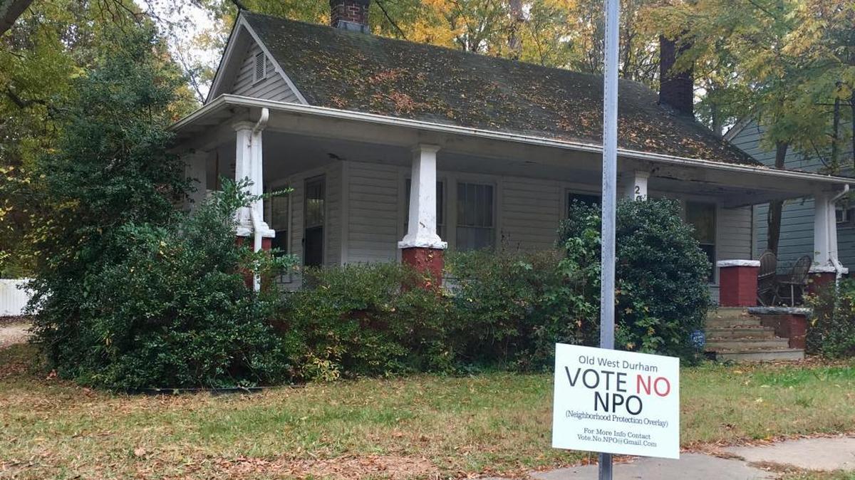 A yard sign in the Old West Durham that is against a proposed neighborhood protection overlay. Residents will have a chance to discuss potential changes to the neighborhood’s zoning at a neighborhood meeting Wednesday night.