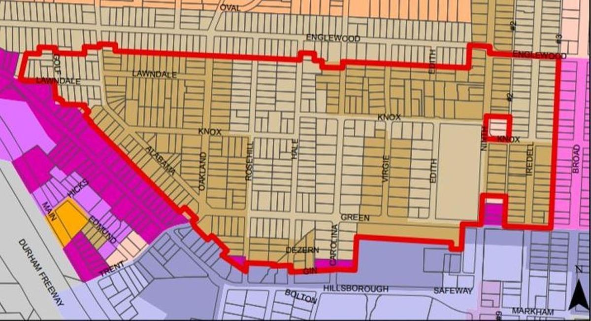 The potential borders of the neighborhood protection overlay in the Old West Durham neighborhood.