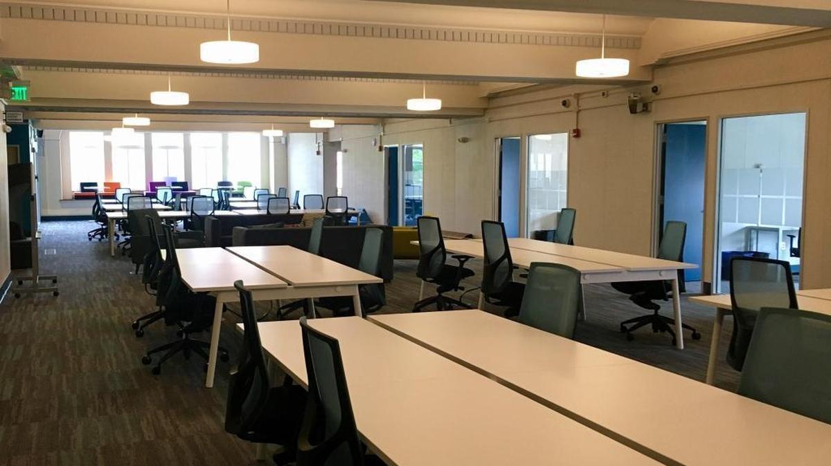 The main desk area of the new downtown co-working space Gridworks Durham.