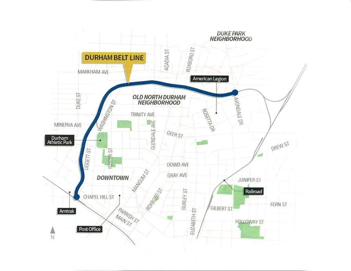 A map of the Duke Belt Line, an abandoned railroad line that traces its history back to the 1890s. Earlier this year, the Conservation Fund purchased the railroad with the hopes that the City of Durham will turn it into a greenway.