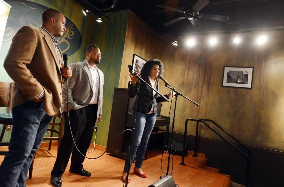 Co-founders of Black Wall Street, from left to right, Talib Graves-Manns, Tobias Rose and Jesica Averhart, speak at the Black Wall Street Homecoming in 2015.