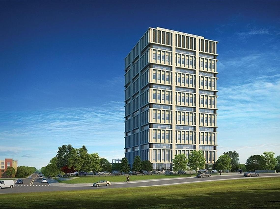 A rendering of the updated facade of the former NC Mutual building.