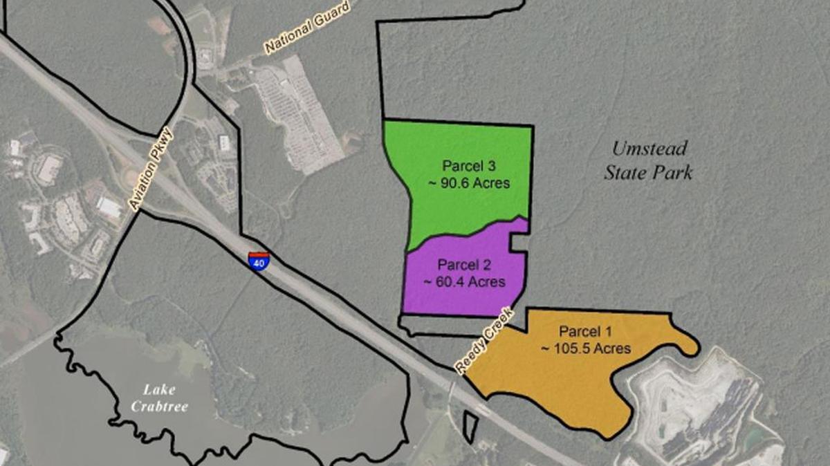 The Raleigh-Durham Airport Authority has put these three pieces of land, totaling about 256 acres, up for lease.