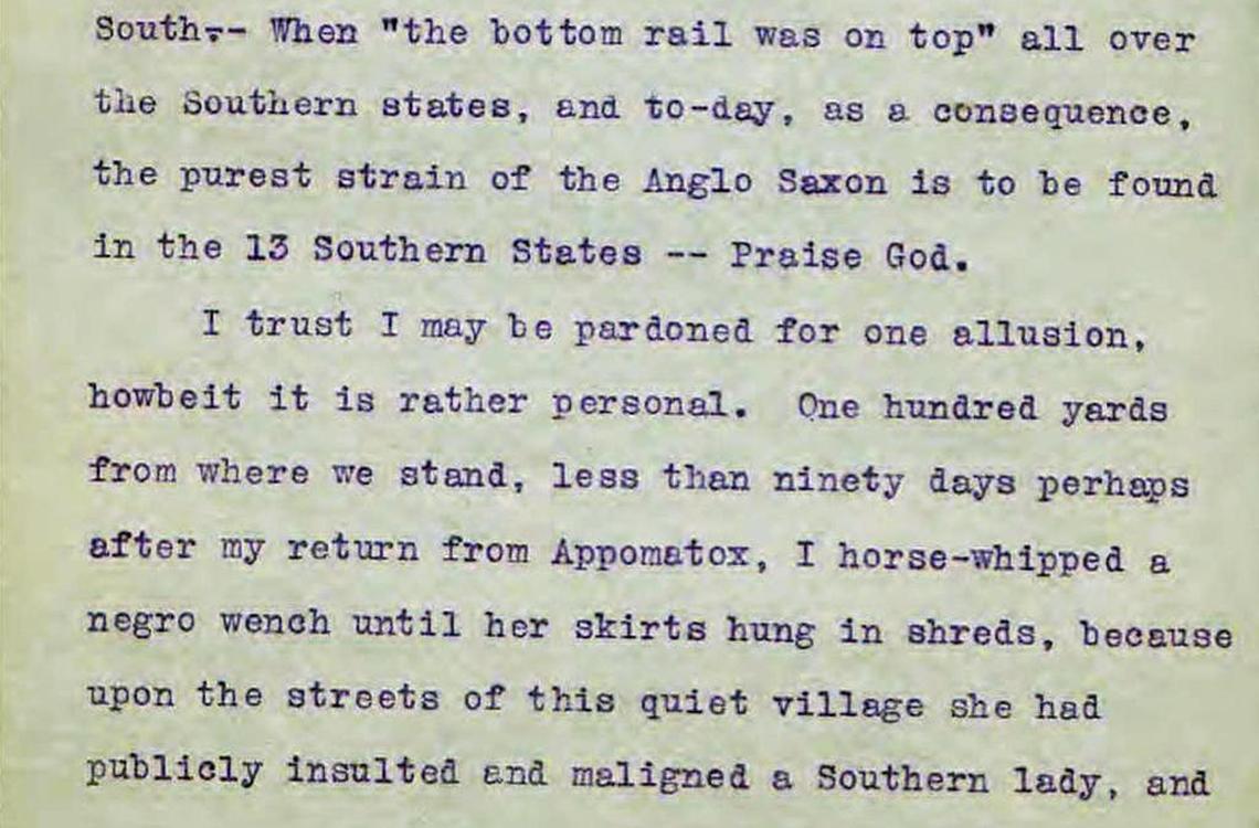 A screenshot of part of Julian Shakespeare Carr’s speech dedicating the Silent Sam statue memorializing Confederate soldiers in the Civil War.