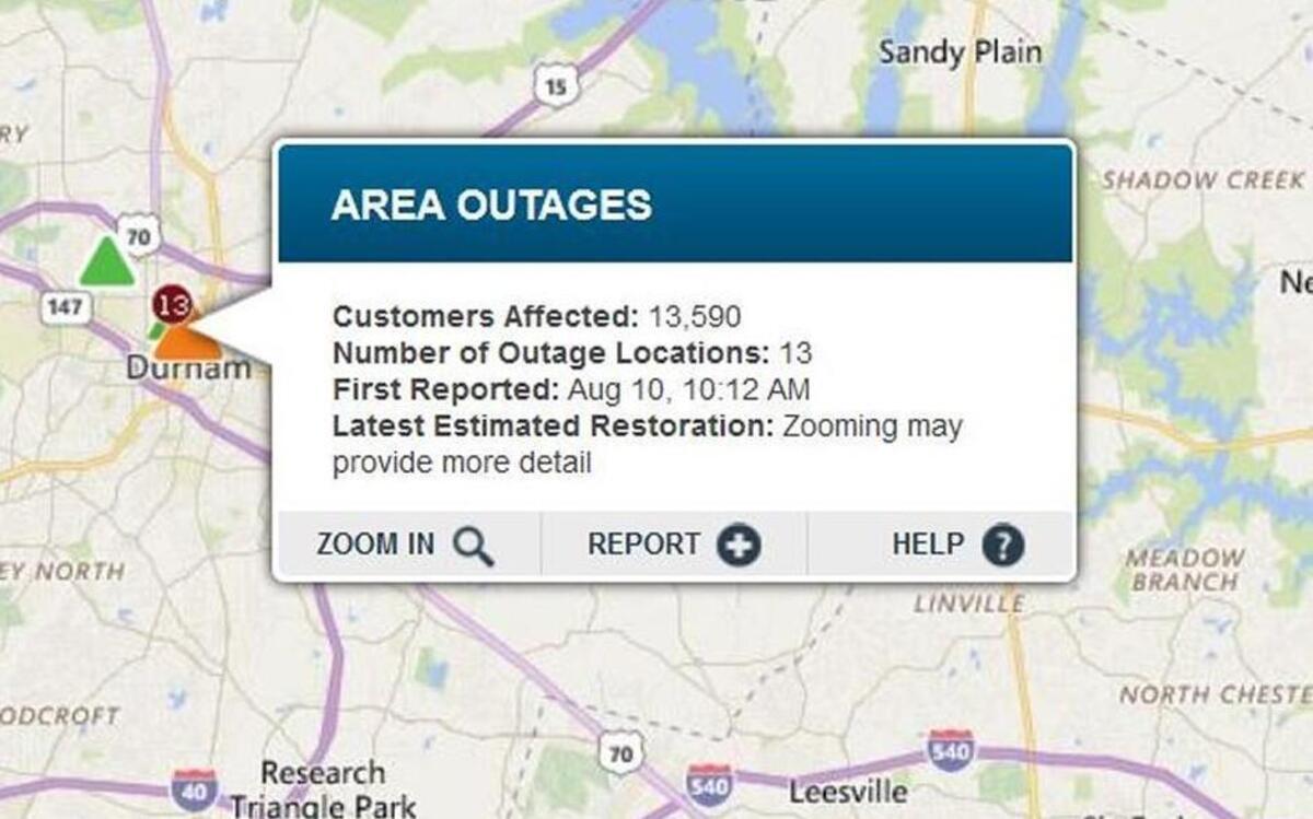 A Duke Energy outage map reports a blackout that affected about 13,000 customers in central Durham, NC, on Thursday, Aug. 10, 2017.