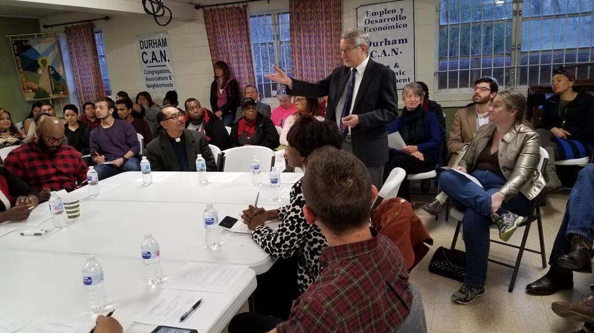 Durham Mayor Steve Schewel met with Durham CAN (Congregations, Associations and Neighborhoods) on Wednesday, Feb. 28, 2018, for an accountability session to follow up on what he said during his campaign. Schewel was elected in November 2017.