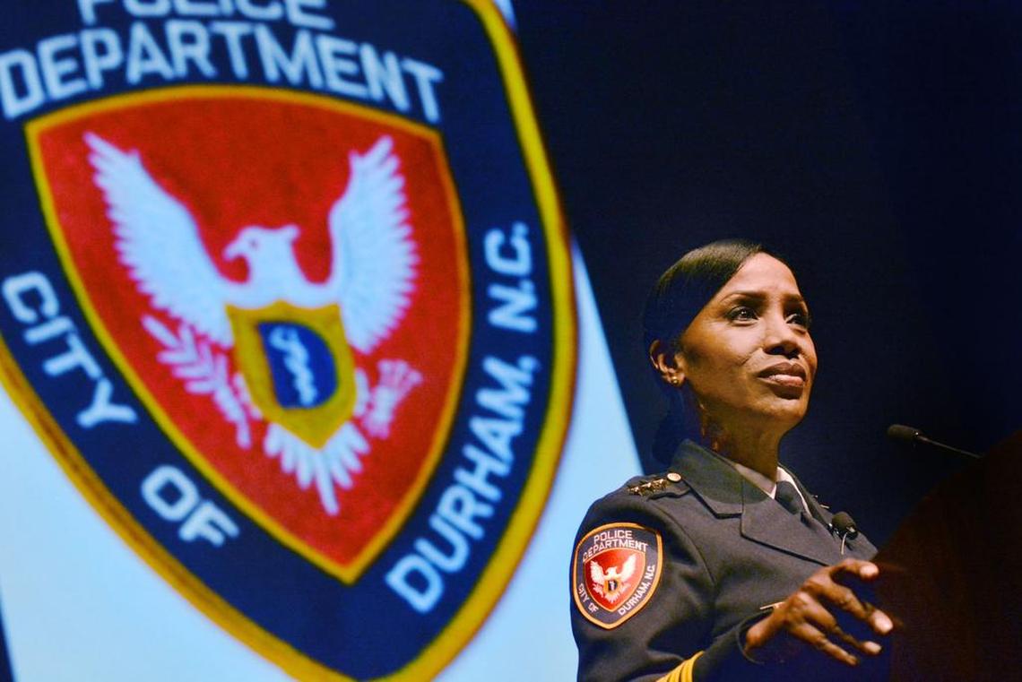 Cerelyn “C.J.” Davis addresses the crowd after her swearing-in ceremony as Chief of Police of the city of Durham police department, at the Carolina Theatre.