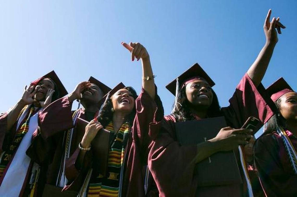 Graduates celebrate as their friends names are called during N.C. Central University’s 2016 commencement.