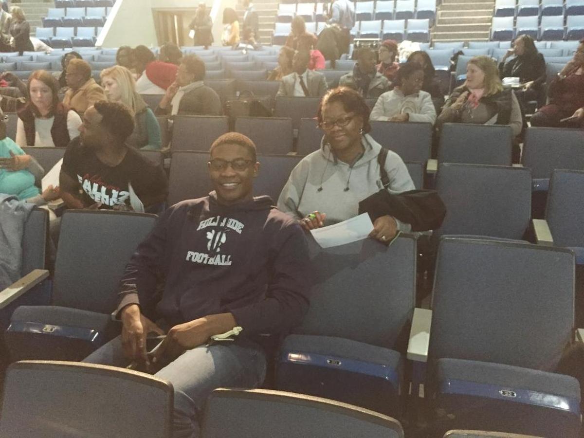 LiBria Stephens and her son David Madzivanyika, a Hillside High School junior, attended the first of three town hall meetings Superintendent Pascal Mubenga has scheduled to receive input about the school district before he begins work on a strategic plan he will use to guide the district over the next five years.