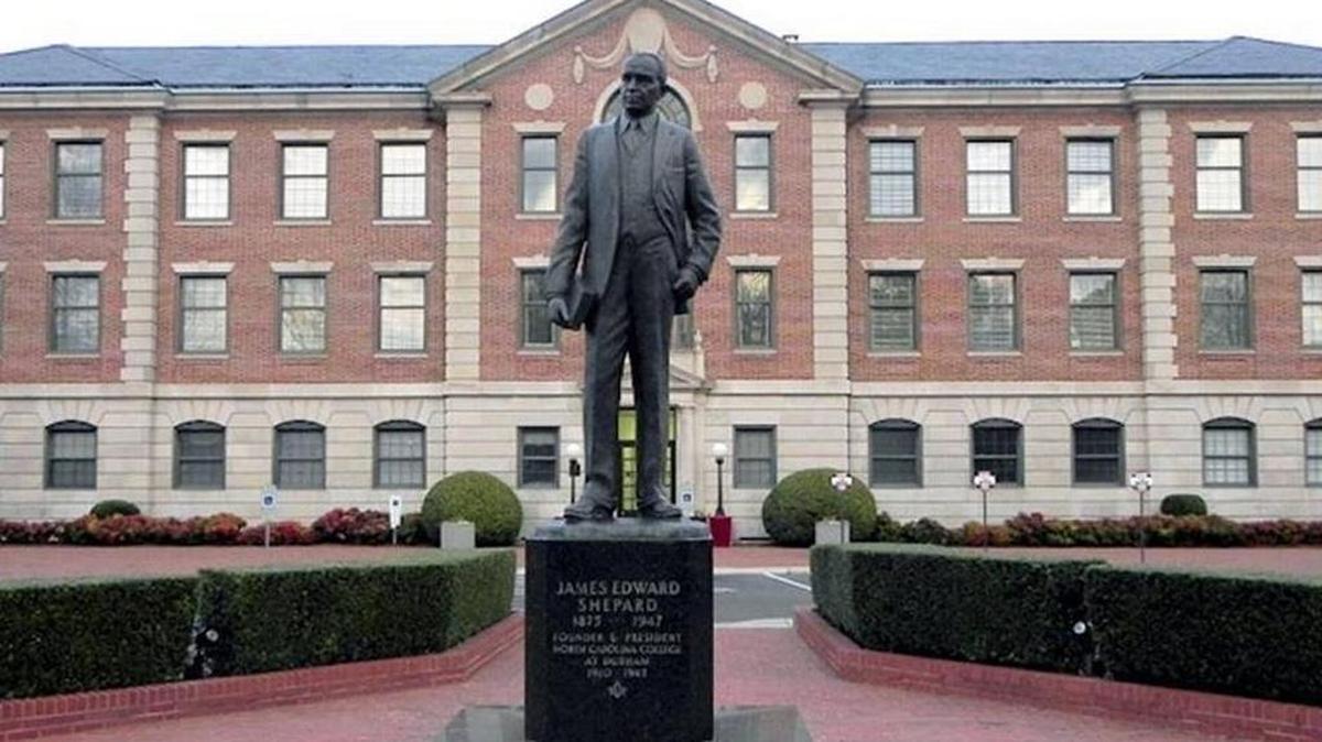 N.C. Central University, featuring a statue of founder James E. Shepard.