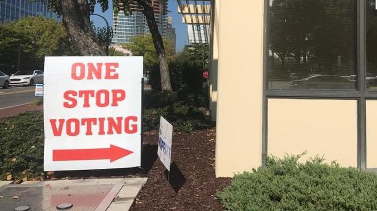 An early voting sign outside the Durham County Board of Elections Office.
