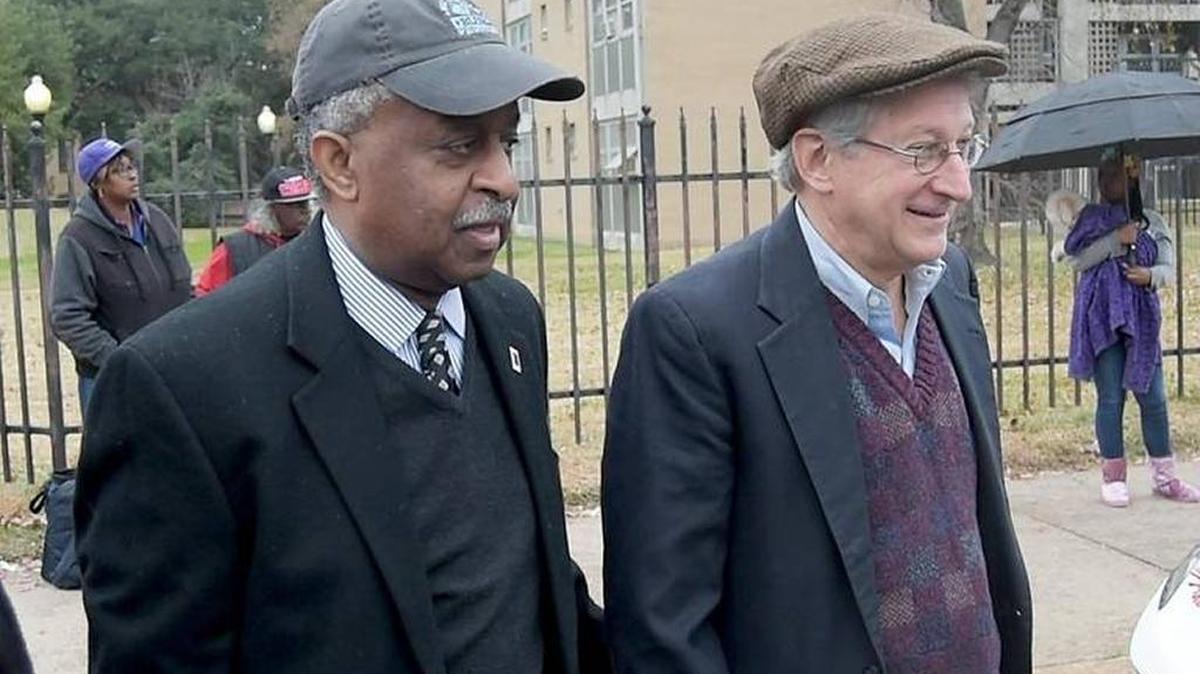 Retiring Mayor Bill Bell, left, and Mayor-elect Steve Schewel talk before the start of Saturday’s Durham Holiday Parade. Schewel will be sworn in as Durham's new mayor Monday, Dec. 4.