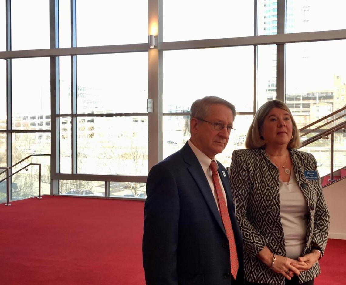 Durham Mayor Steve Schewel, left, and Chapel Hill Mayor Pam Hemminger spoke together Tuesday about how light rail will transform their respective communities.