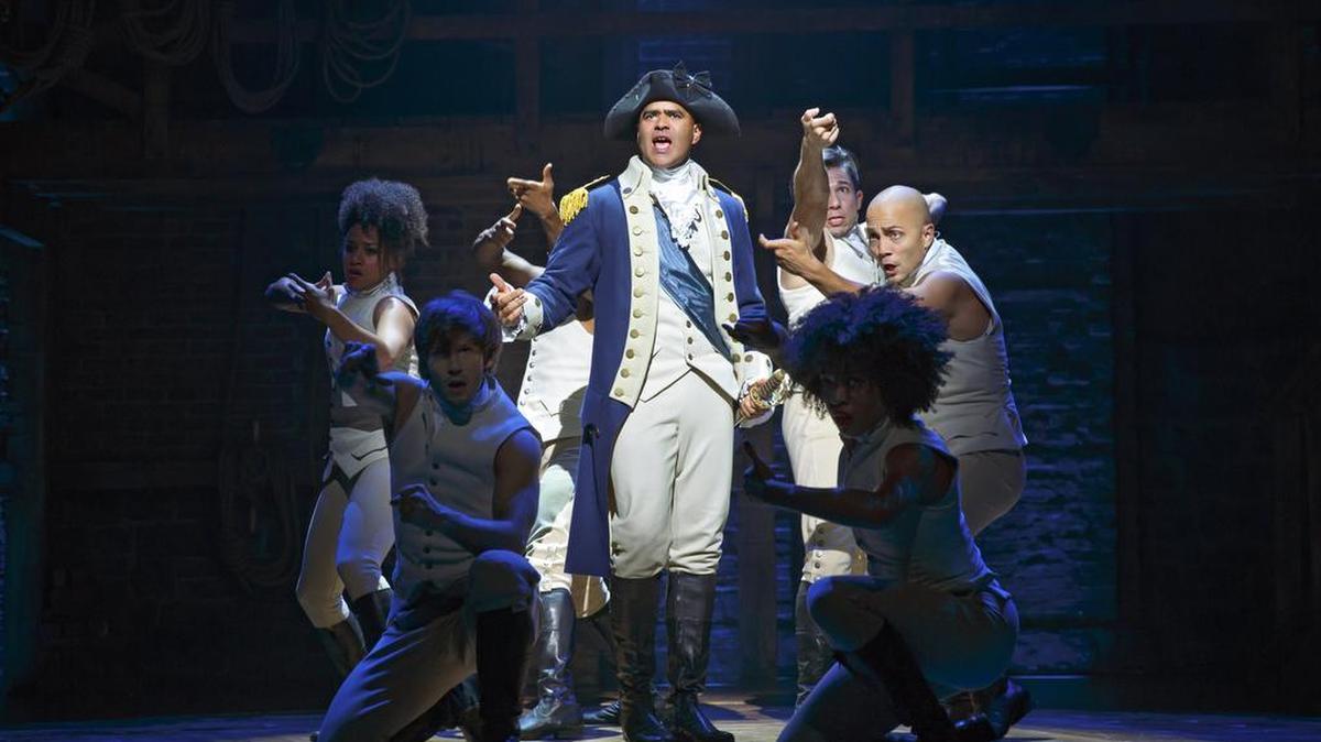 The “Hamilton” cast performs on Broadway at the Richard Rodgers Theatre in New York.