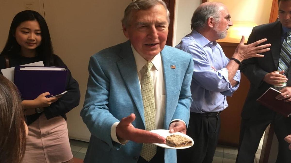 Harvard political scientist Graham Allison (center) greets well-wishers at Duke University after finishing a lunchtime talk on the long-term possibility of war between the U.S. and China.
