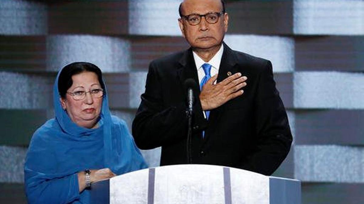 In this July 28, 2016 file photo, Khizr Khan, father of fallen U.S. Army Capt. Humayun S. M. Khan, and his wife Ghazala speak during the final day of the Democratic National Convention in Philadelphia.
