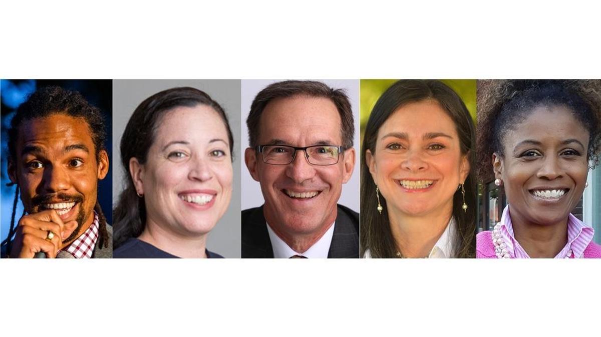 Five of the seven finalists for the vacant Durham City Council seat. Left to right: Pierce Freelon, Javiera Caballero, Carl Rist, Pilar Rocha-Goldberg and Shelia Ann Huggins.