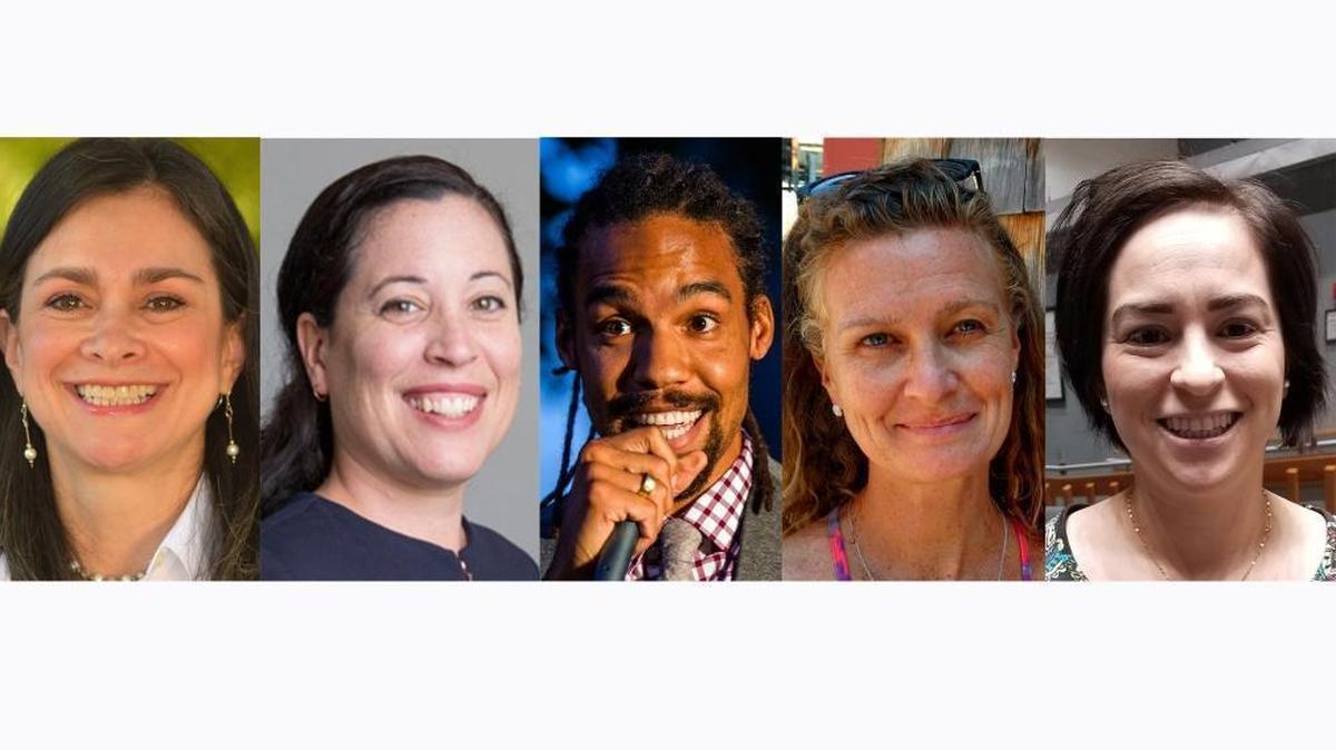 Five finalists for the vacant Durham City Council seat are, left to right: Pilar Rocha-Goldberg, Javiera Caballero, Pierce Freelon, Kaaren Haldeman and Sheila Arias.
