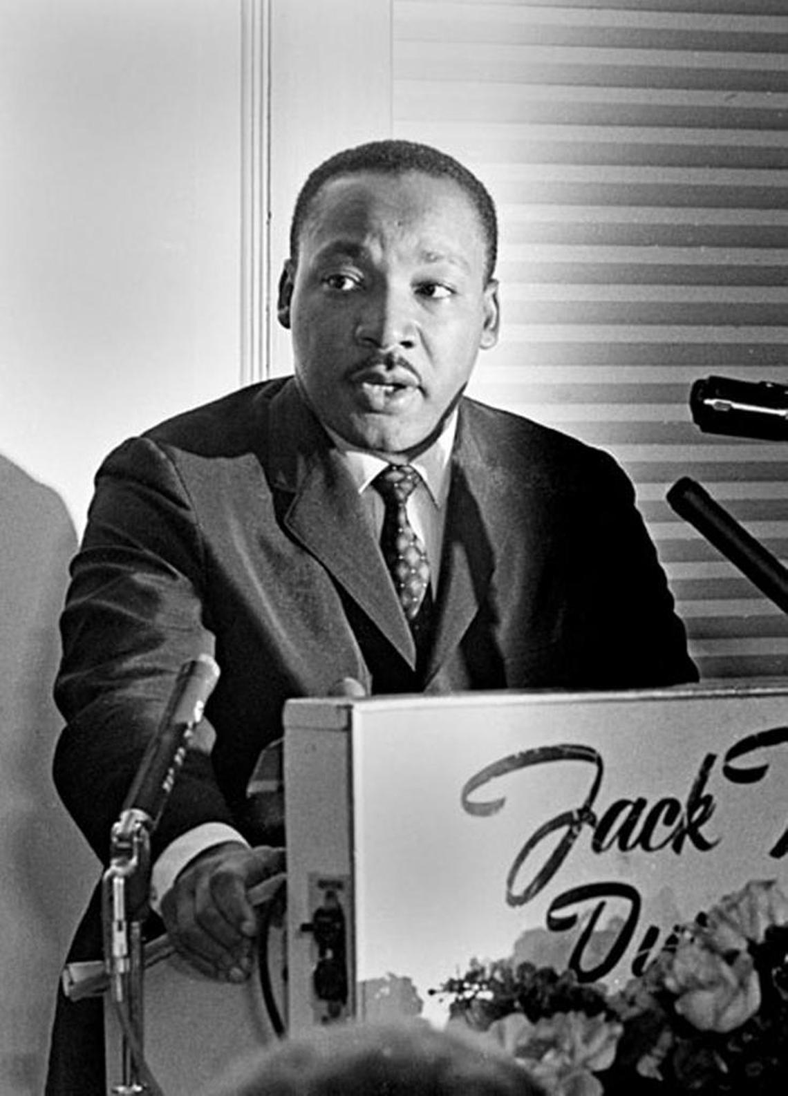 The Rev. Martin Luther King Jr. speaks to the Southern Political Science Association meeting at the old Jack Tar Hotel in downtown Durham in this Nov. 13, 1964 file photo.