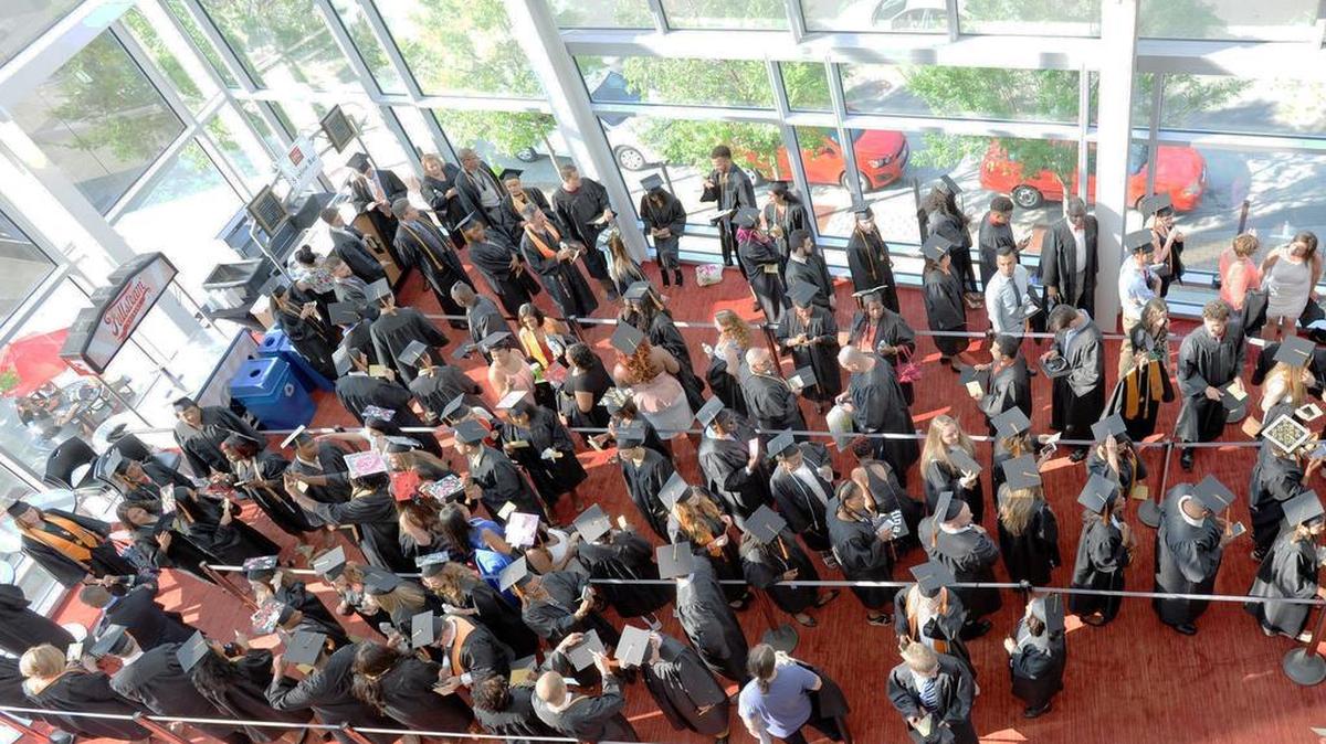 Graduates line up for the Durham Tech 2017 commencement exercises in the Durham Performing Arts Center.