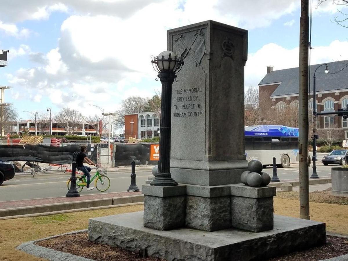 While protesters toppled the Confederate soldier statue, the base of the monument remains in downtown Durham.