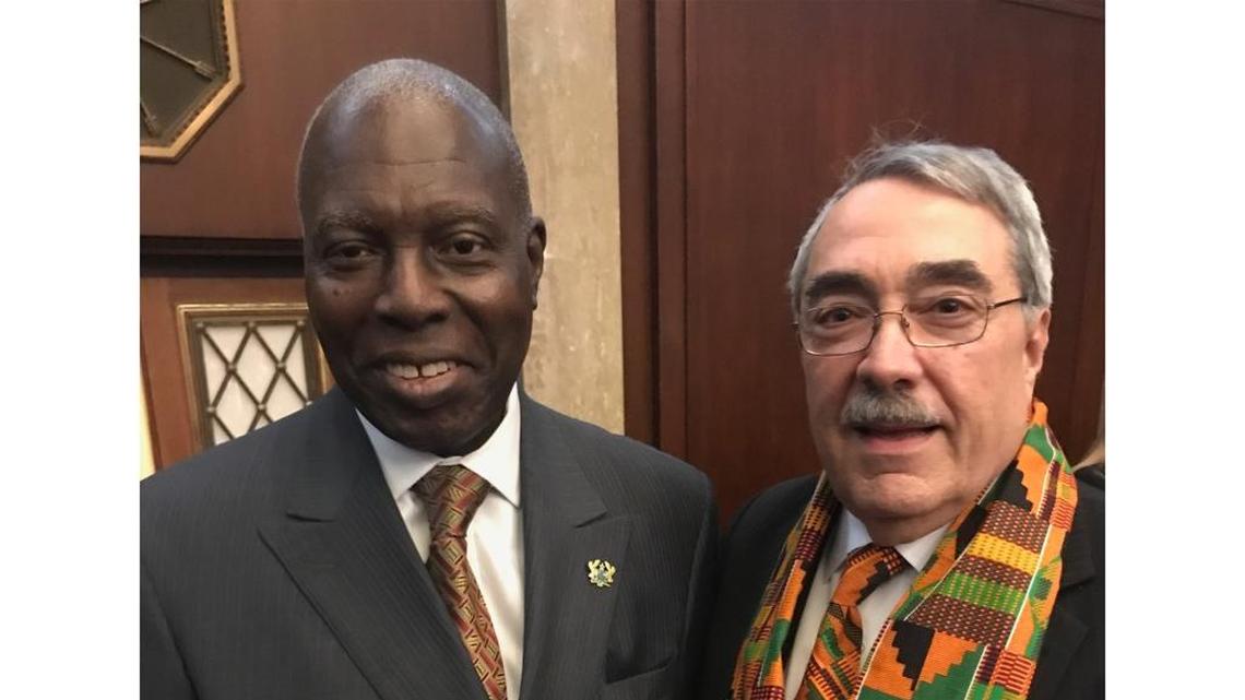 U.S. Rep. G.K. Butterfield, D-N.C., (right) meets with Ghanaian Ambassador Barfuor Adjei-Barwuah on Tuesday, Jan. 30 before President Donald Trump’s first State of the Union address. Butterfield joined the Congressional Black Caucus in wearing kente cloth as a protest of Trump’s rhetoric towards minorities.