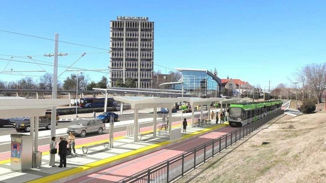 A concept illustration shows what a Durham-Orange Light-Rail Transit station might look like in downtown Durham. Courtesy of GoTriangle.