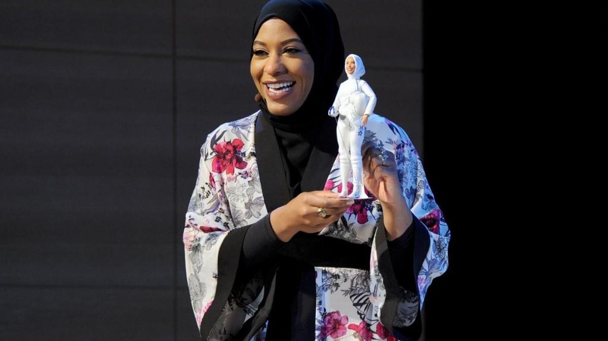 U.S. Olympic Medalist Ibtihaj Muhammad talks about the new Shero Barbie doll made in her likeness Monday, Nov. 13, 2017, during the 2017 Glamour Women of the Year LIVE Summit at the Brooklyn Museum in New York City.