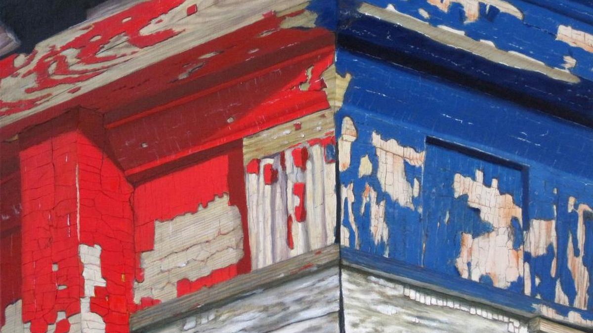 Bruce Mitchell’s “Red State/Blue State,” a painting of the deteriorating cornice of a weather-beaten building, with a bit of blue in the predominantly red area and vice versa, both having been left to the elements. The artist says that if this house will ever get fixed it will need a lot of scraping and serious carpentry.