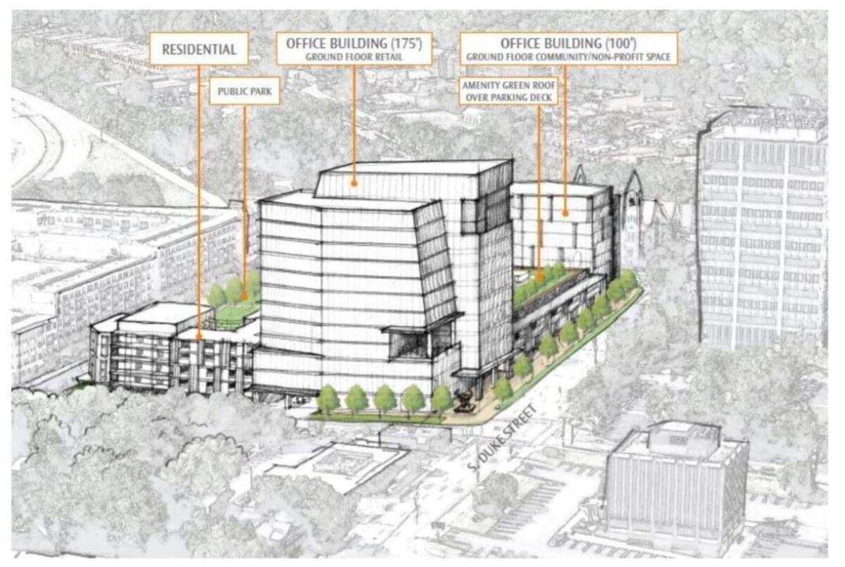 “Urban Catalyst” plan for the four-acre site that is currently the Durham Police Department headquarters. The building will be vacated next fall.