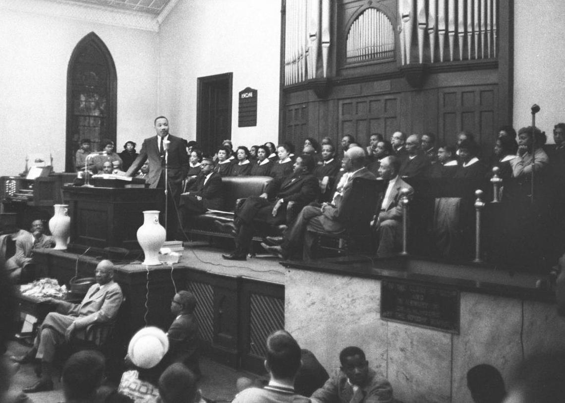 The Rev. Martin Luther King Jr. delivers his “Fill Up the Jails” speech at White Rock Baptist Church in Durham in this Feb. 16, 1960 file photo.