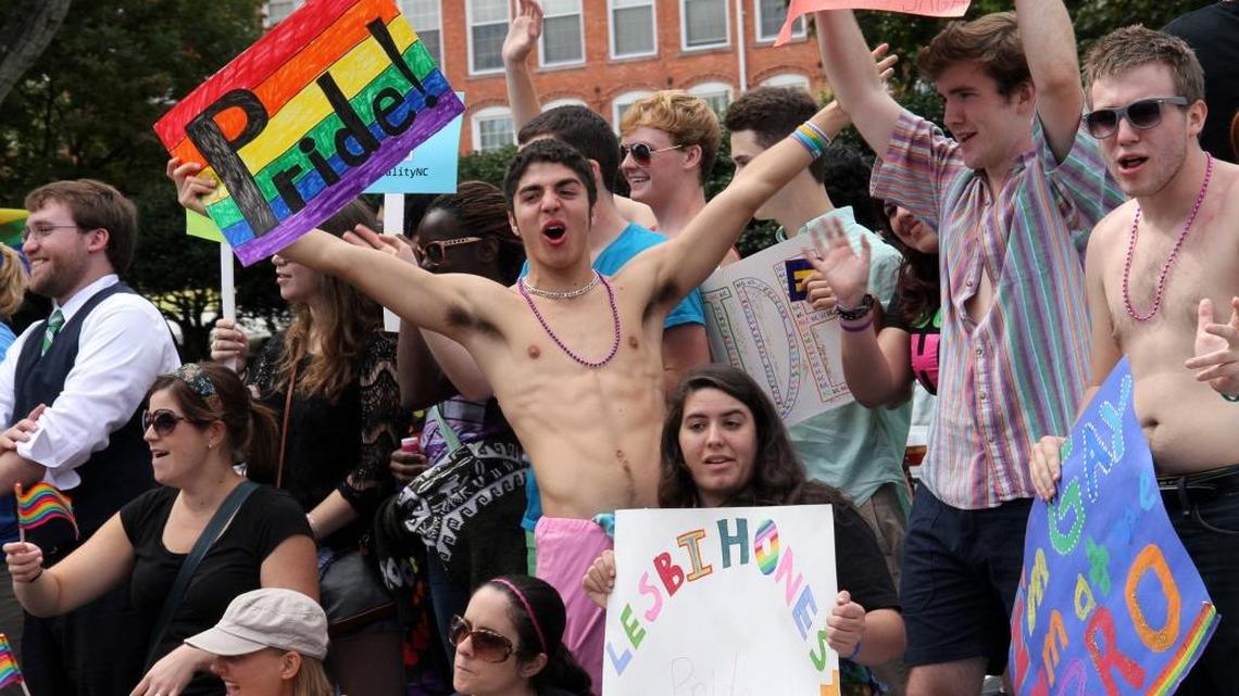 Duke University students cheer during the annual N.C. Gay Pride parade and rally that takes place in and around East Campus. This year’s event is set for Sept. 30, the holiest day of the Jewish year.