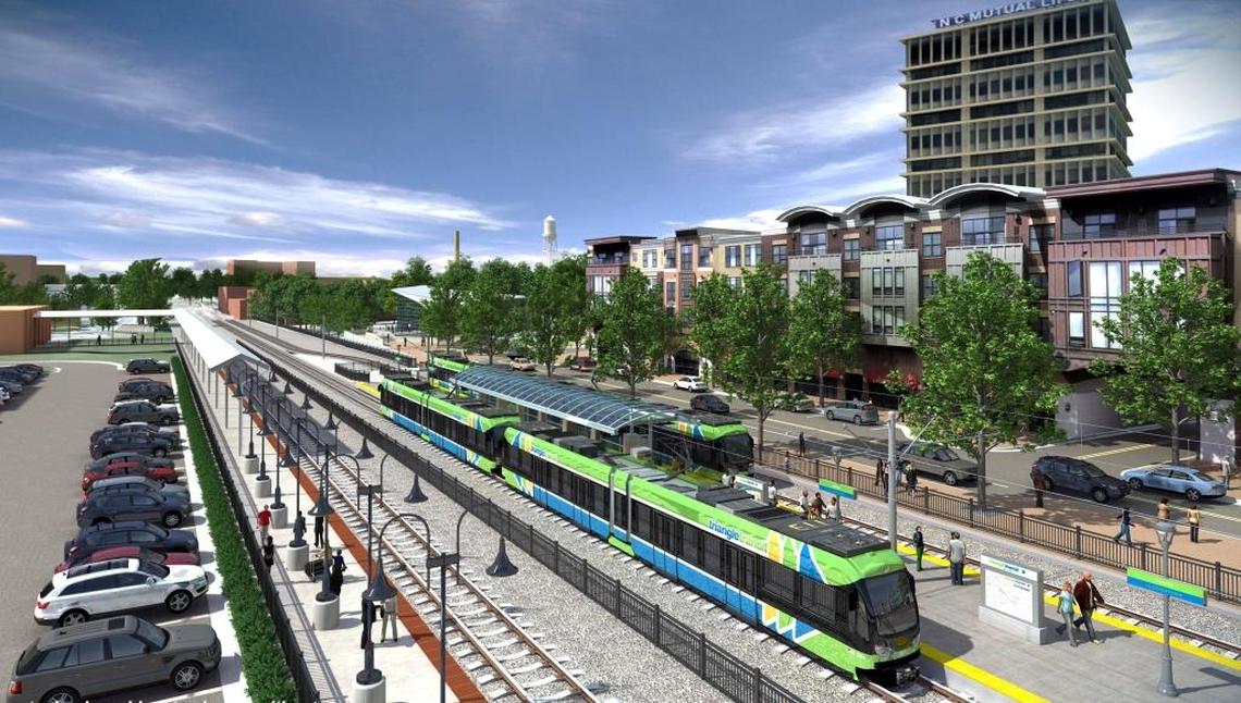 The Durham-Orange light rail system, shown here in a rendering of a proposed downtown Durham station, would run 17.7 miles from UNC Hospitals in Chapel Hill to Duke and N.C. Central universities in Durham.