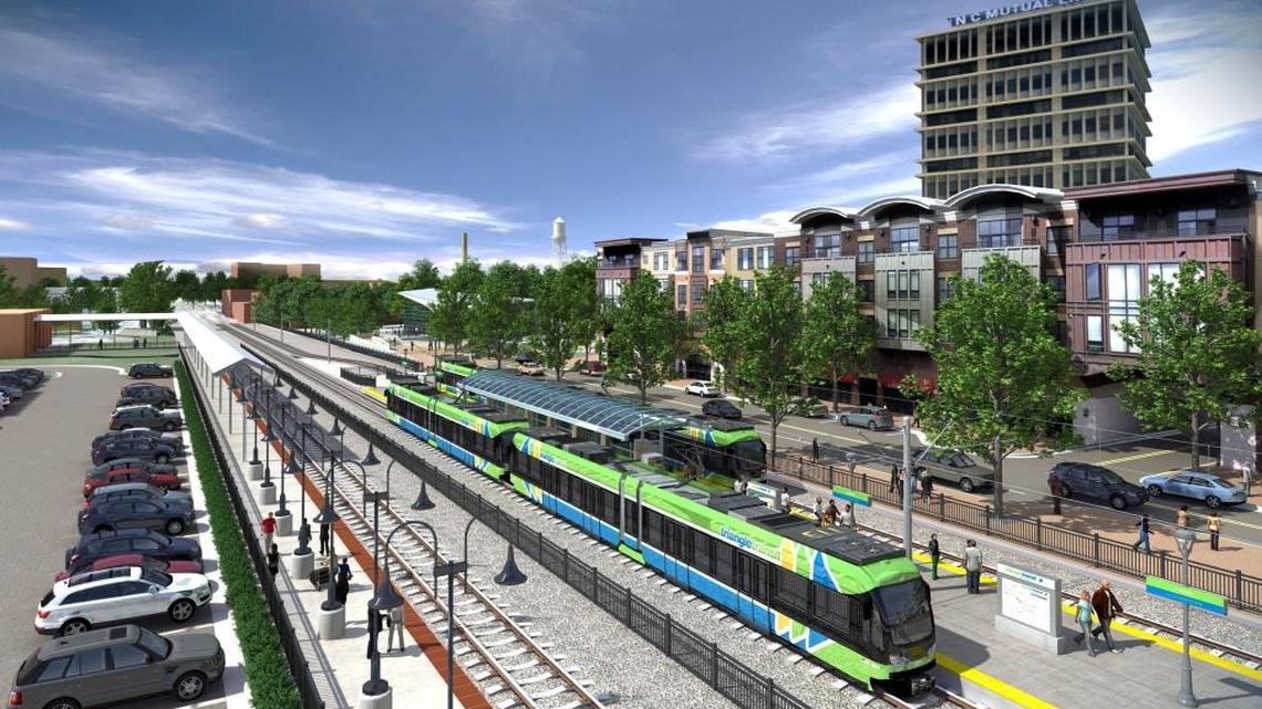 The Durham-Orange light rail system, shown here in a rendering of a proposed downtown Durham station, would run 17.7 miles from UNC Hospitals in Chapel Hill to Duke and N.C. Central universities in Durham.