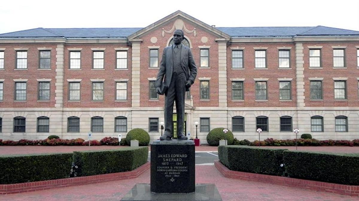N.C. Central University, featuring a statue of founder James E. Shepard.
