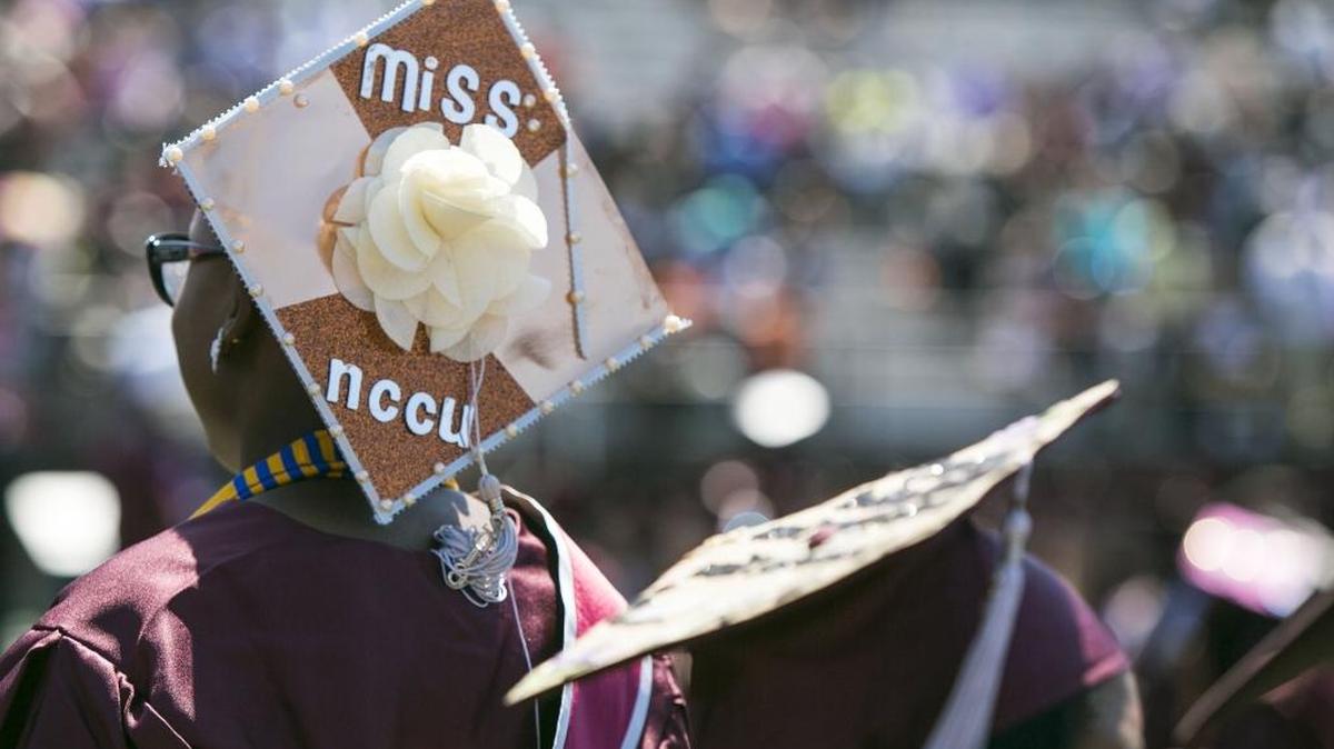 A decorated mortar board is pictured during 2016 commencement at North Carolina Central University.