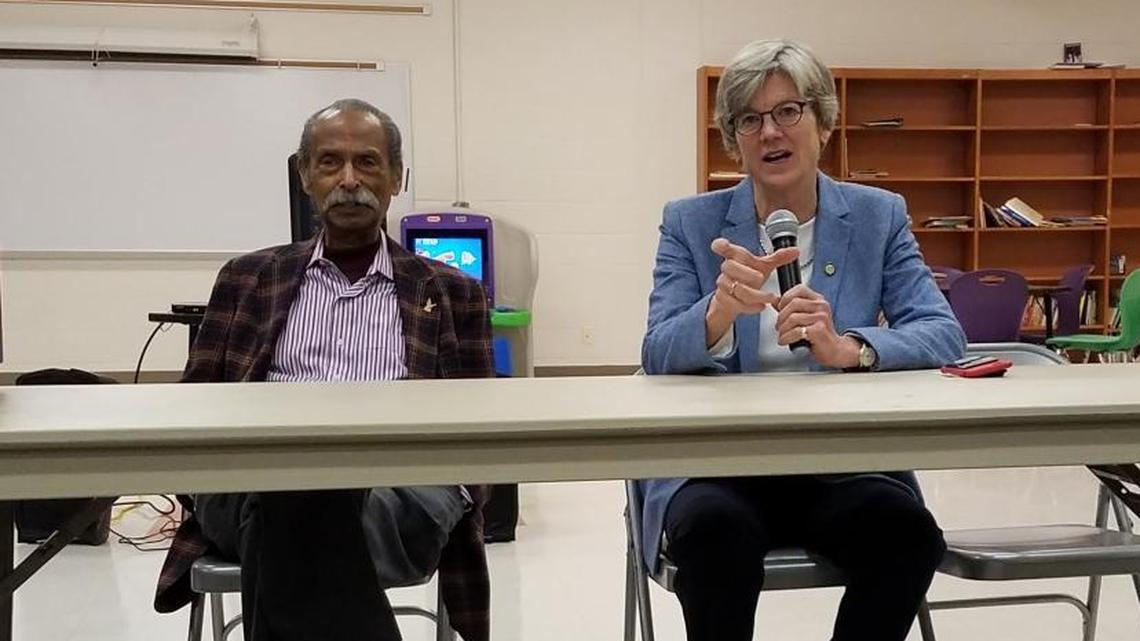 N.C. Rep. Mickey Michaux and N.C. Rep. Marcia Morey, both Democrats, talk about the legislative session at a town hall at Holton Career and Resource Center in Durham on Thursday, March 1, 2018.