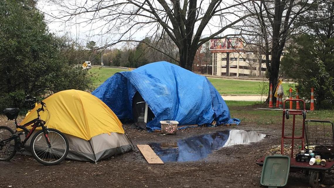 A tent at a homeless encampment at the Durham Freeway and West Chapel Hill Street in 2018.