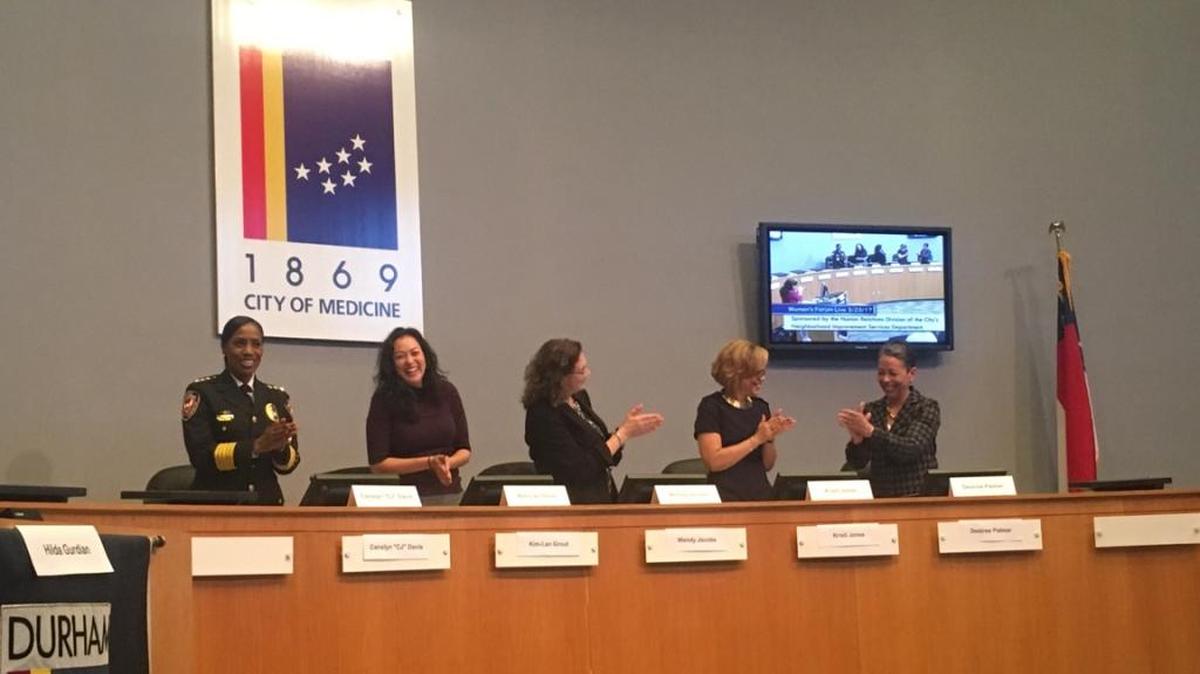 Pictured (from left) Cerelyn "C.J." Davis, Kim Lan-Grout, Wendy Jacobs, Kristi Jones and Desiree Palmer serve as panelists at this week's 15th Annual Women's Forum in Durham.