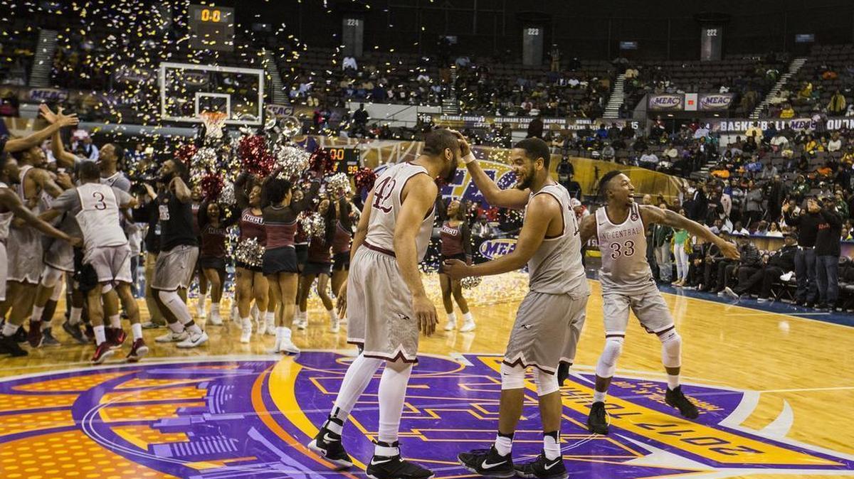 N.C. Central celebrates its win over Norfolk State University in the MEAC championship NCAA college basketball game Saturday, March 11, 2017 at the Scope arena in Norfolk, Va.