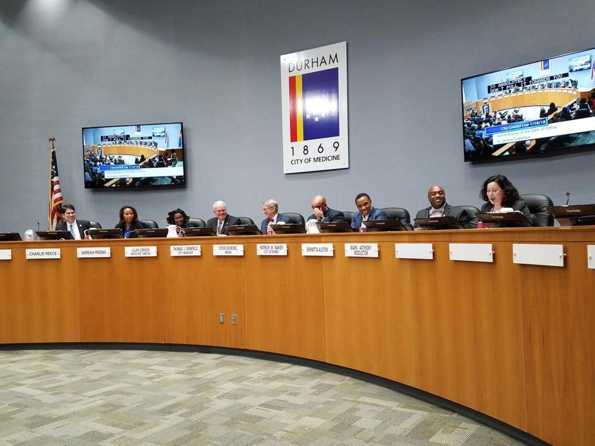 The newest member of Durham City Council, Javiera Caballero, is also the first Latina. She was appointed on Tuesday, Jan. 16, 2018. From left to right: Council member Charlie Reece, Council member DeDreana Freeman, Mayor Pro Tem Jillian Johnson, City Manager Tom Bonfield, Mayor Steve Schewel, City Attorney Patrick Baker, Council member Mark-Anthony Middleton and Caballero.