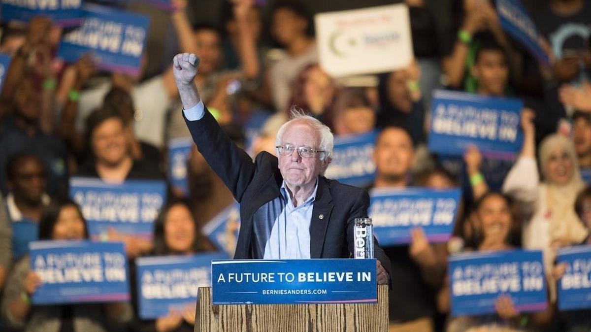 Democratic presidential candidate Bernie Sanders talks to supporters during a rally at Bonny Field on Monday May 9, 2016 in Sacramento, Calif.