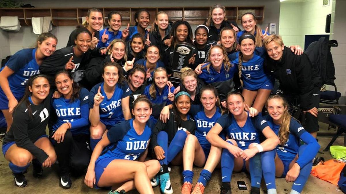 The Duke women’s soccer team celebrates in the locker room after beating Virginia 1-0 on Thursday night to win the ACC regular season title. The Blue Devils start ACC Tournament play on Sunday by hosting Boston College.
