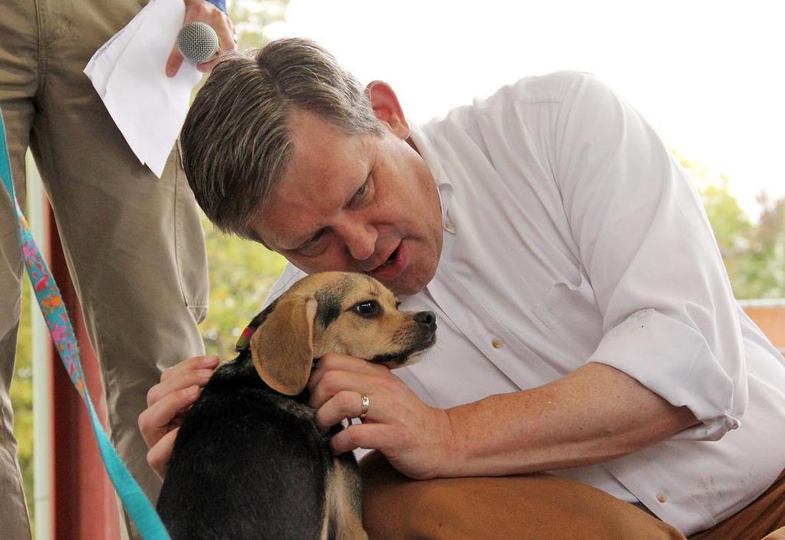 Contest judge and State Sen. Mike Woodard Nuzzles Daisy, a “cheagle,” (chihuahua-beagle mix) from Clayton, during Barktoberfest on Sunday, Oct. 29, 2017, in Durham Central Park. Hundreds of dog lovers and their pets gathered at the event held by Durham Parks and Recreation and Beyond Fences (formerly the Coalition to Unchain Dogs).