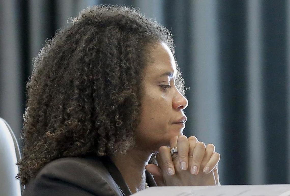 Former Durham district attorney Tracey Cline pauses as she testifies in her disciplinary hearing held before the N.C. State Bar at the organization’s offices in Raleigh on Friday, June 5, 2015. She was found to have violated rules in many of the charges against her.
