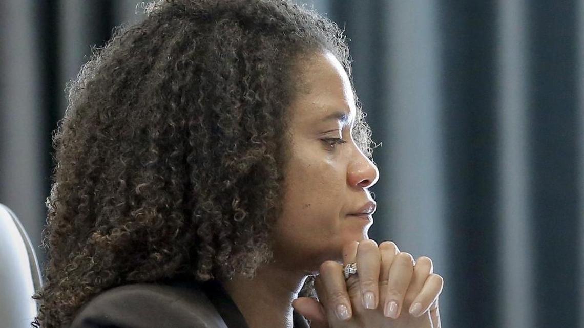 Former Durham district attorney Tracey Cline pauses as she testifies in her disciplinary hearing held before the N.C. State Bar at the organization's offices in Raleigh on Friday, June 5, 2015. She was found to have violated rules in many of the charges against her.